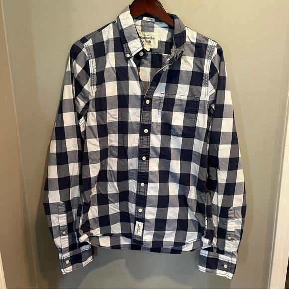Abercrombie & Fitch Buffalo Plaid Button Down Muscle Shirt Navy Mens Lrg Preppy - Picture 3 of 9